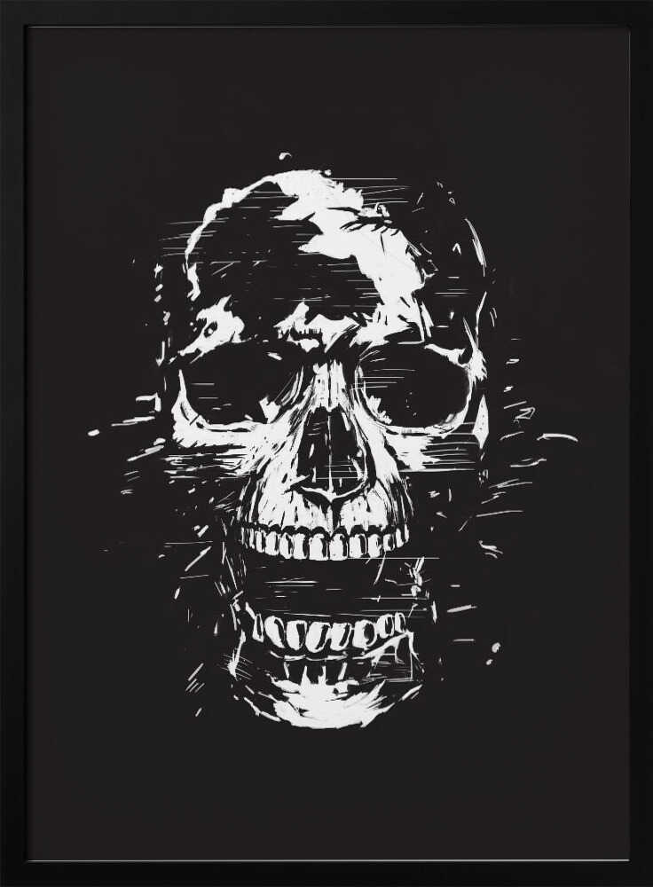 A high-contrast black and white illustration of a human skull with its mouth open. The image is rendered in a rough, distressed, and sketchy style with glitch-like horizontal lines and splatters, all set against a solid black background and enclosed in a thin black frame. Wall Art