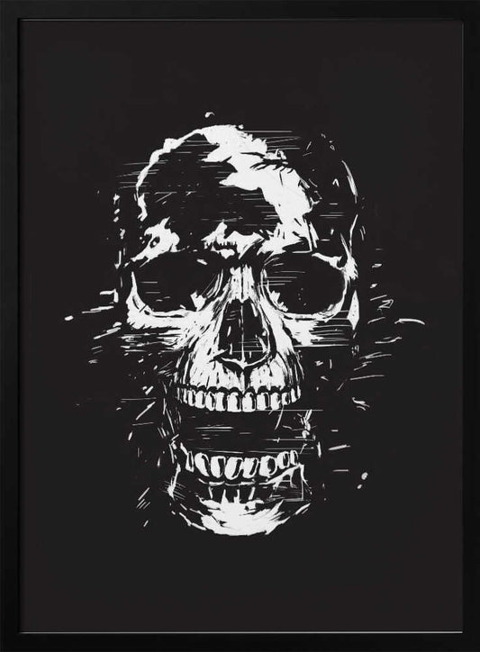 A high-contrast black and white illustration of a human skull with its mouth open. The image is rendered in a rough, distressed, and sketchy style with glitch-like horizontal lines and splatters, all set against a solid black background and enclosed in a thin black frame. Wall Art