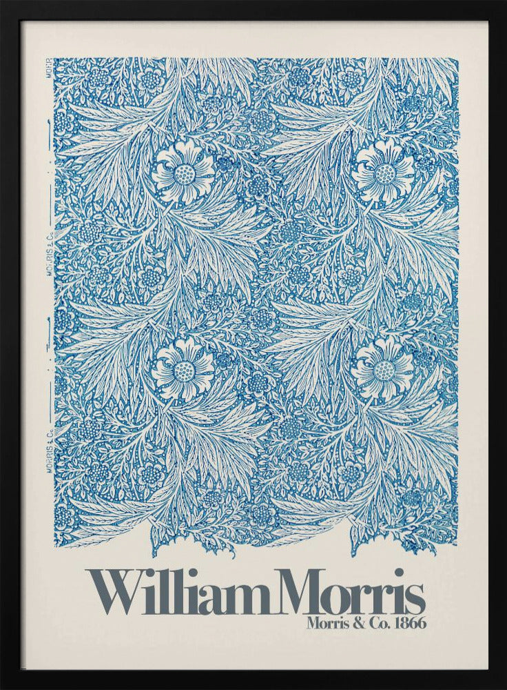 A framed art print of a William Morris design featuring an intricate, repeating floral and foliage pattern in blue on a white background. Below the pattern, the text 'William Morris' and 'Morris & Co. 1866' is printed in grey against a cream-colored border. Artwork