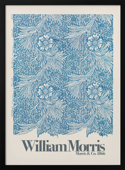 A framed art print of a William Morris design featuring an intricate, repeating floral and foliage pattern in blue on a white background. Below the pattern, the text 'William Morris' and 'Morris & Co. 1866' is printed in grey against a cream-colored border. Artwork