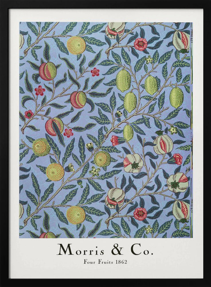 A framed art print of the 'Four Fruits 1862' pattern by Morris & Co. The intricate botanical design features various fruits like lemons, pomegranates, and oranges, along with red and yellow flowers, all intertwined on branches with dark green leaves against a light blue background. Poster