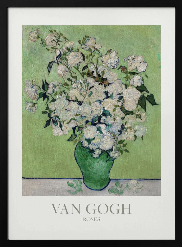 A framed art print of Vincent van Gogh's painting 'Roses'. It features a lush bouquet of white roses with green leaves in a green vase, set against a light green background. The impressionist style is evident in the thick, visible brushstrokes. The print has a white mat with the text 'VAN GOGH' and 'ROSES' at the bottom. Wall Art