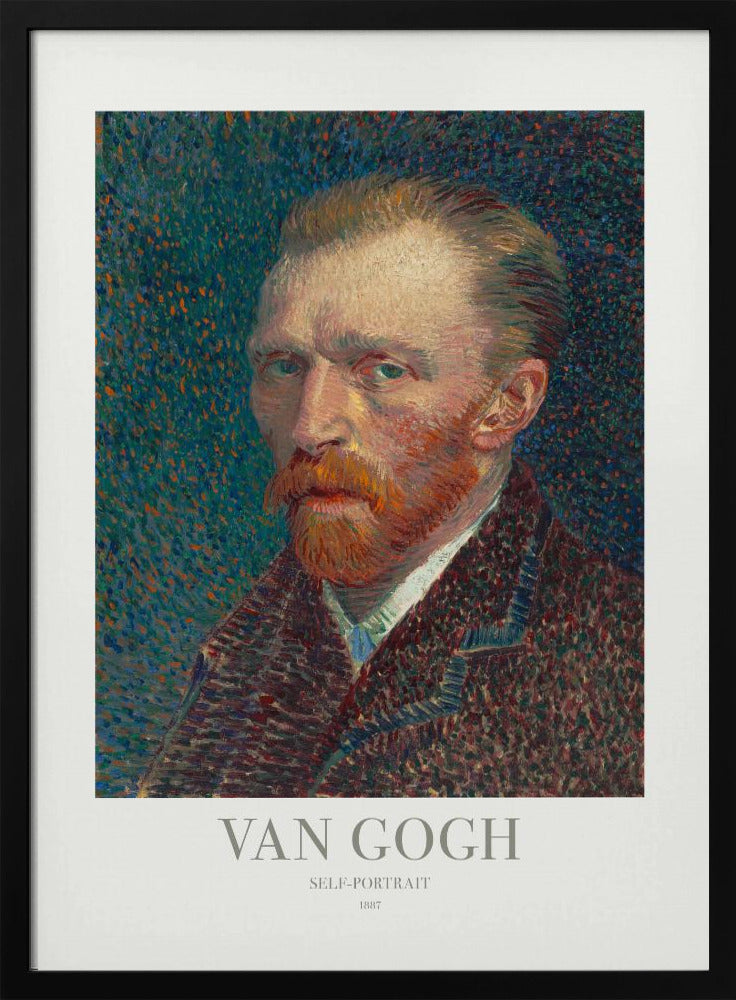 A framed poster of Vincent van Gogh's 1887 self-portrait. The Post-Impressionist painting features the artist with a fiery red beard and intense gaze against a stippled blue and orange background. The poster includes text identifying the artist and artwork. Print