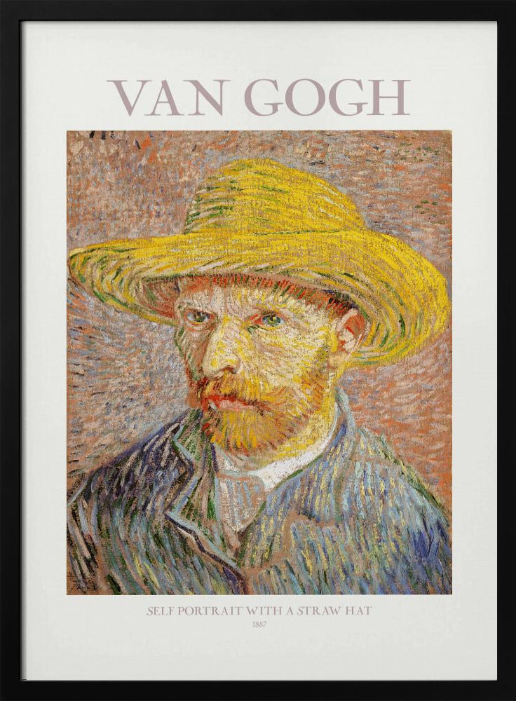 A framed art print of Vincent van Gogh's 'Self Portrait with a Straw Hat' from 1887. The post-impressionist painting shows the artist in a bright yellow straw hat and a blue jacket, with his characteristic intense gaze and reddish beard. The print is on a light-colored background with the artist's name at the top and the title and year at the bottom. Artwork