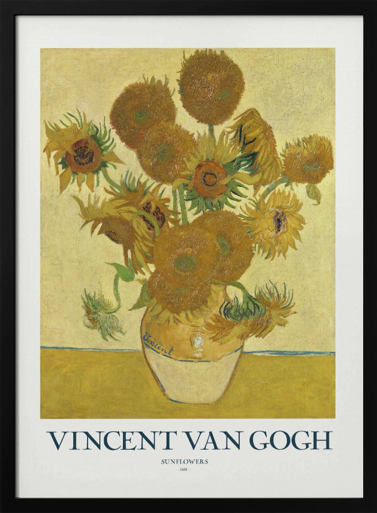 A poster of Vincent van Gogh's 'Sunflowers' painting, featuring a yellow vase with sunflowers against a yellow background. The poster has a white border with the text 'VINCENT VAN GOGH' and is set in a black frame. Poster