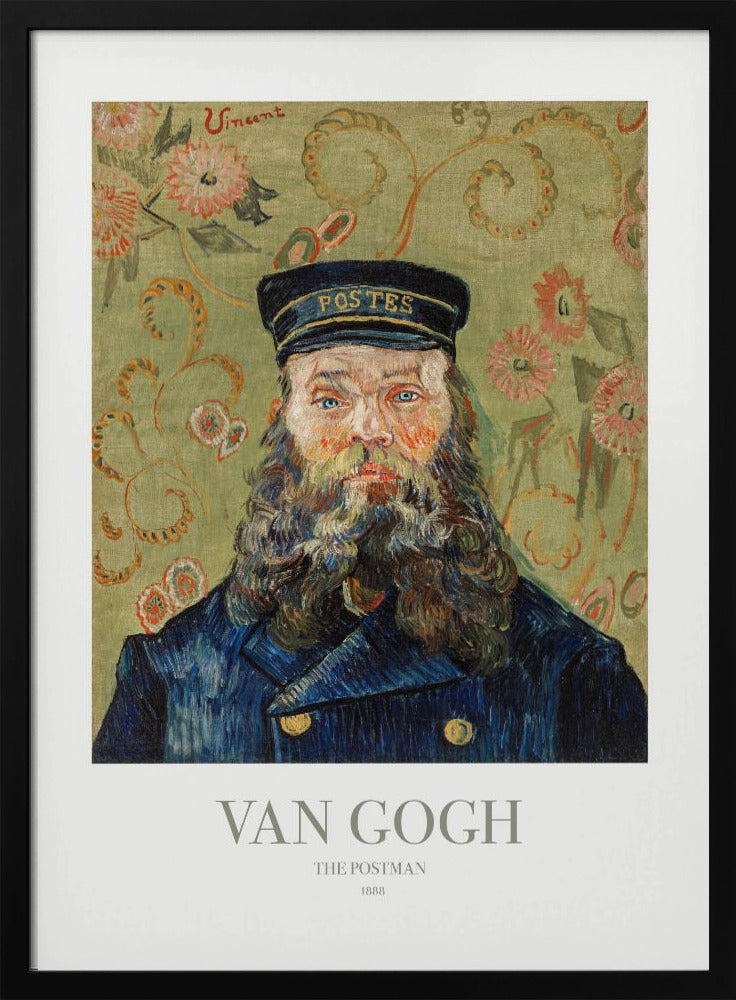 A framed art print of Vincent van Gogh's painting 'The Postman' from 1888. The portrait shows a man with a thick, wavy beard and blue eyes, wearing a dark blue postman's uniform and cap. The background is a decorative light green with a swirling floral pattern. Poster