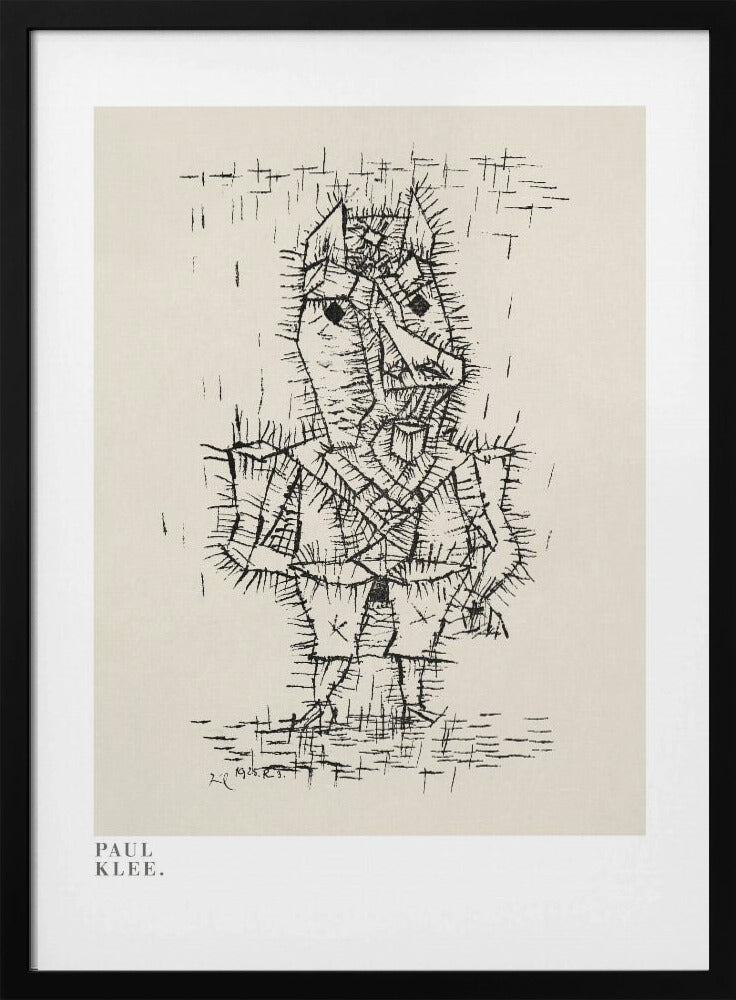 A framed art print of a Paul Klee drawing. The artwork features a stylized, abstract figure composed of short, spiky black ink lines on a light cream background, giving it a prickly texture. The figure stands against a sparse background with simple lines. The print is in a black frame, and the text 'PAUL KLEE.' is visible in the lower-left corner. Decor