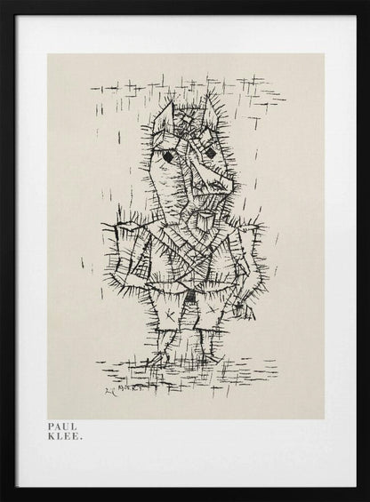 A framed art print of a Paul Klee drawing. The artwork features a stylized, abstract figure composed of short, spiky black ink lines on a light cream background, giving it a prickly texture. The figure stands against a sparse background with simple lines. The print is in a black frame, and the text 'PAUL KLEE.' is visible in the lower-left corner. Decor