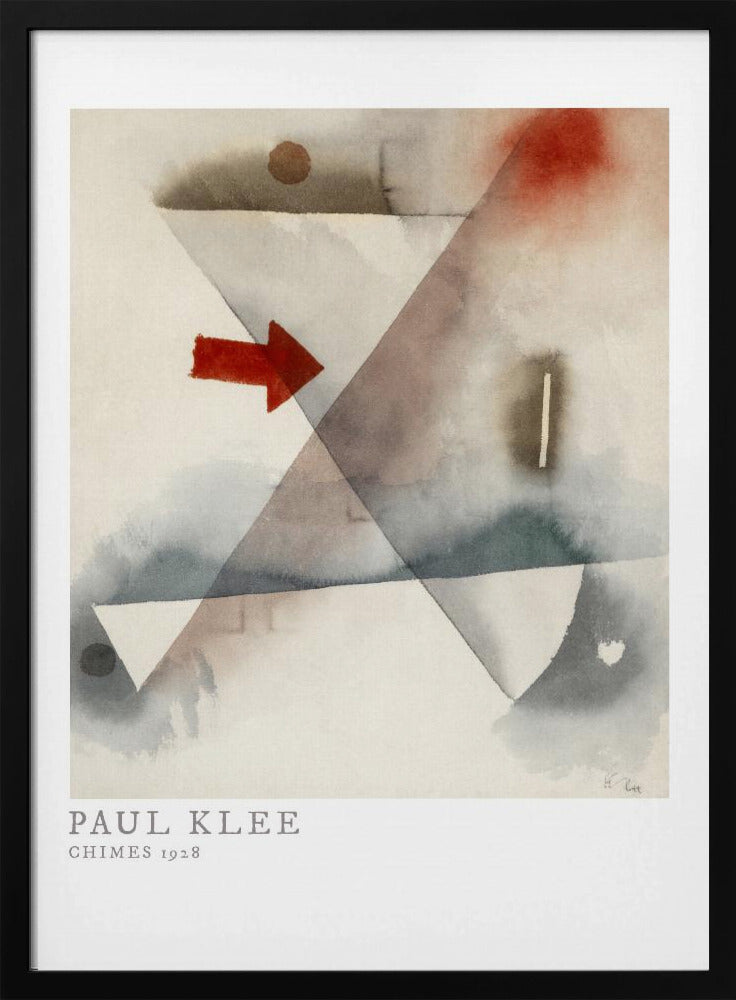 A framed print of Paul Klee's abstract painting 'Chimes 1928'. The artwork features overlapping geometric shapes in muted watercolor tones of gray and brown, with a prominent solid red arrow pointing to the right. Poster