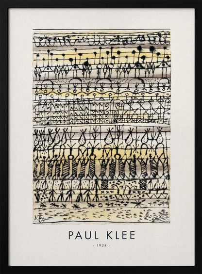 A framed art print of Paul Klee's 1924 abstract work, featuring horizontal rows of intricate, hieroglyphic-like black ink symbols and figures on a textured cream and pale yellow background. The artist's name and the year are printed below the artwork. Print