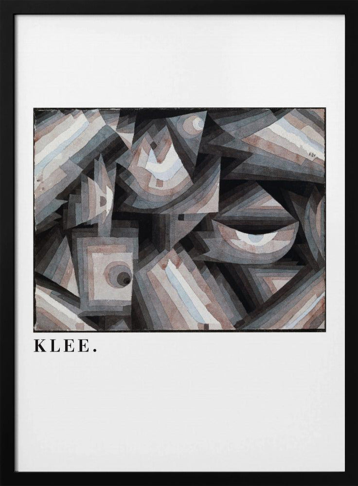 A framed art print of a Paul Klee abstract painting. The artwork is a complex composition of geometric shapes, including triangles, squares, and arcs, in a muted palette of grays, browns, and light blues. The name 'KLEE.' is printed in a black serif font on the white mat below the image. Decor