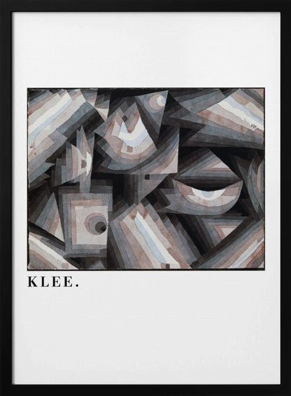 A framed art print of a Paul Klee abstract painting. The artwork is a complex composition of geometric shapes, including triangles, squares, and arcs, in a muted palette of grays, browns, and light blues. The name 'KLEE.' is printed in a black serif font on the white mat below the image. Decor
