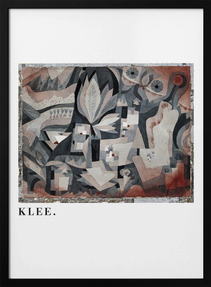 A framed art print of an abstract painting by Paul Klee. The complex composition features geometric and biomorphic shapes in a muted palette of gray, brown, and terracotta. Below the artwork, on a white mat, the name 'KLEE.' is printed in a black serif font. Decor