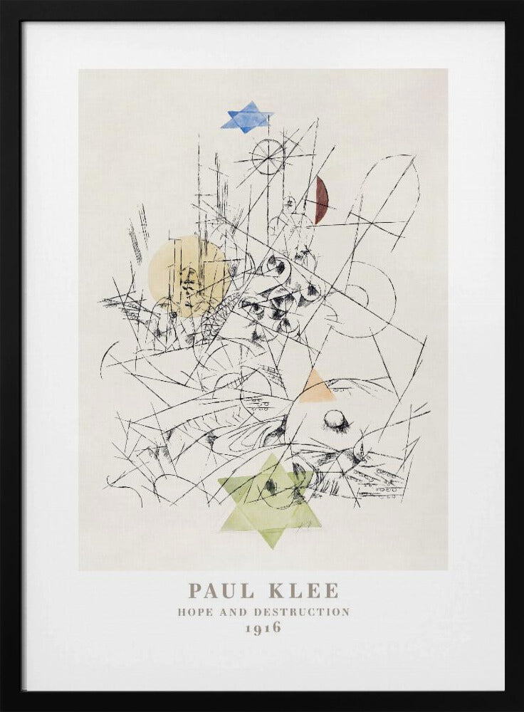 A framed art print of Paul Klee's 1916 work, 'Hope and Destruction.' The artwork is a complex abstract composition with a tangle of black lines on a cream background, featuring colored geometric shapes like a blue and a green Star of David, and circles in yellow and red. Poster