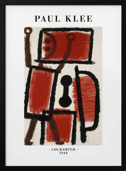 A framed art print of Paul Klee's 1940 painting 'Locksmith'. The abstract artwork features a composition of thick black lines and blocks of red and brown paint on a cream background, resembling a figure. The poster includes the text 'PAUL KLEE' at the top and '- LOCKSMITH - 1940' at the bottom. Artwork