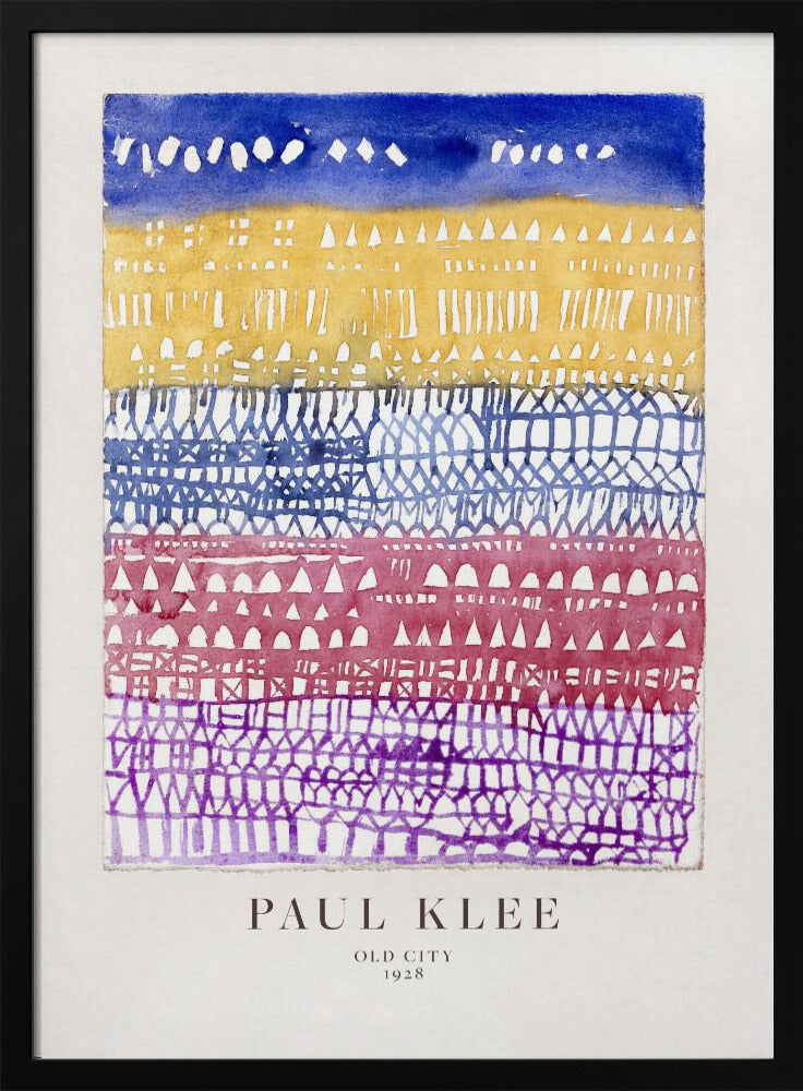 A framed art print of Paul Klee's 1928 watercolor painting 'Old City.' The abstract piece features horizontal bands of color, from top to bottom: a dark blue sky, a yellow section with building-like patterns, and layers of intricate lattice-like designs in blue, magenta, and purple. Artwork