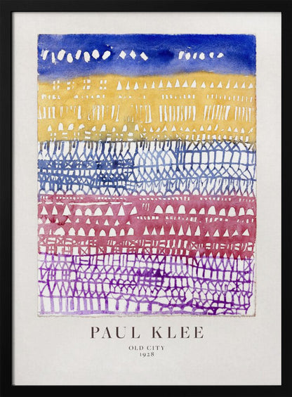 A framed art print of Paul Klee's 1928 watercolor painting 'Old City.' The abstract piece features horizontal bands of color, from top to bottom: a dark blue sky, a yellow section with building-like patterns, and layers of intricate lattice-like designs in blue, magenta, and purple. Artwork