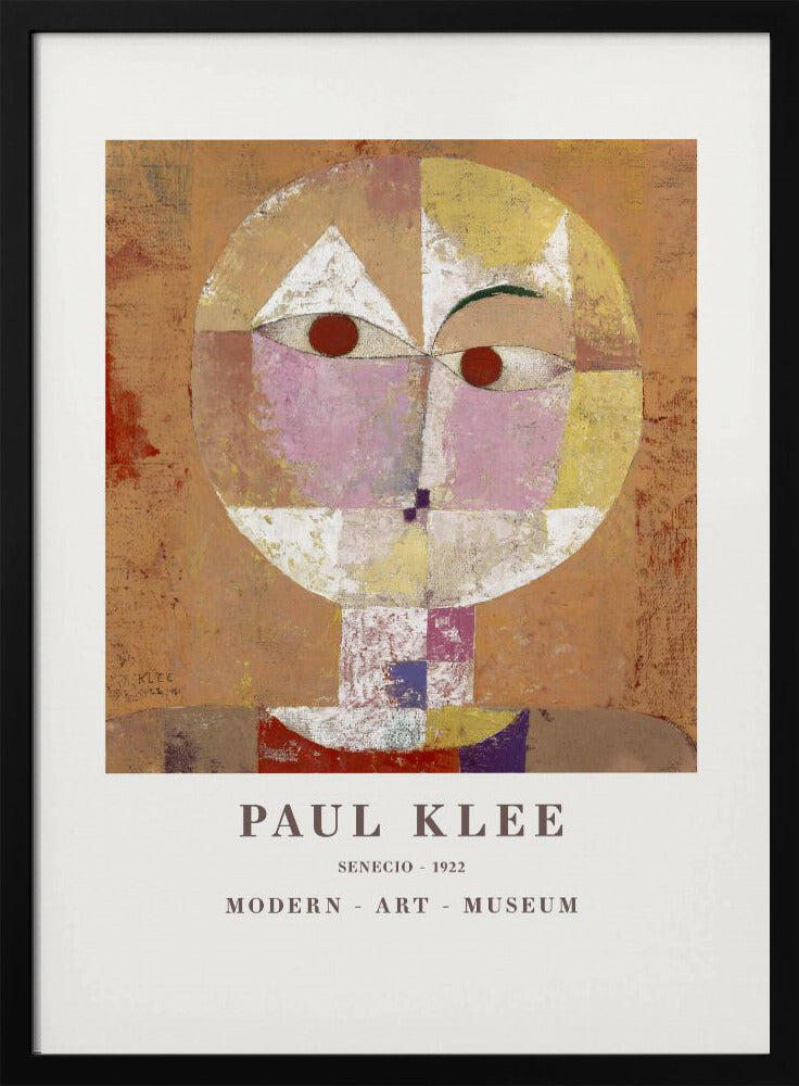 A framed museum poster of Paul Klee's 1922 painting 'Senecio'. The artwork is an abstract, geometric portrait of a human head in warm tones of orange, yellow, pink, and red against a textured brown background. The text 'PAUL KLEE', 'SENECIO - 1922', and 'MODERN - ART - MUSEUM' is printed below the image. Print