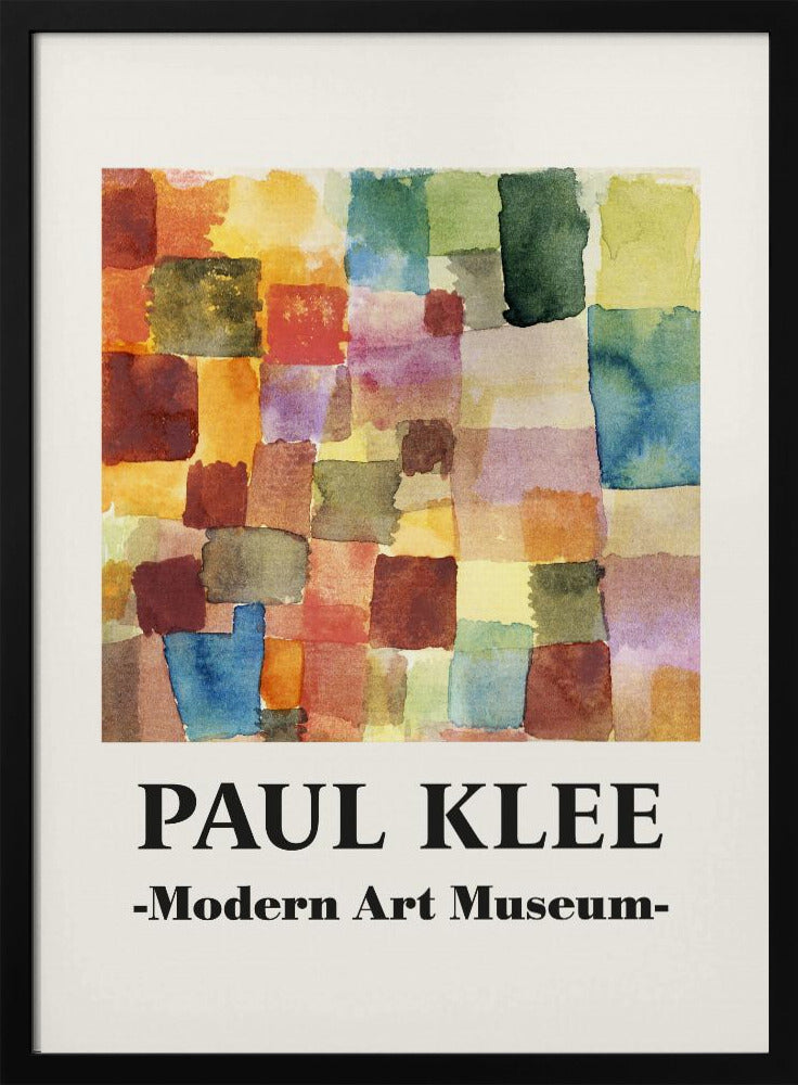 A framed museum poster for a Paul Klee exhibition at the Modern Art Museum. The poster features an abstract watercolor painting composed of a grid of colorful, overlapping squares and rectangles in shades of red, orange, yellow, green, and blue. Decor