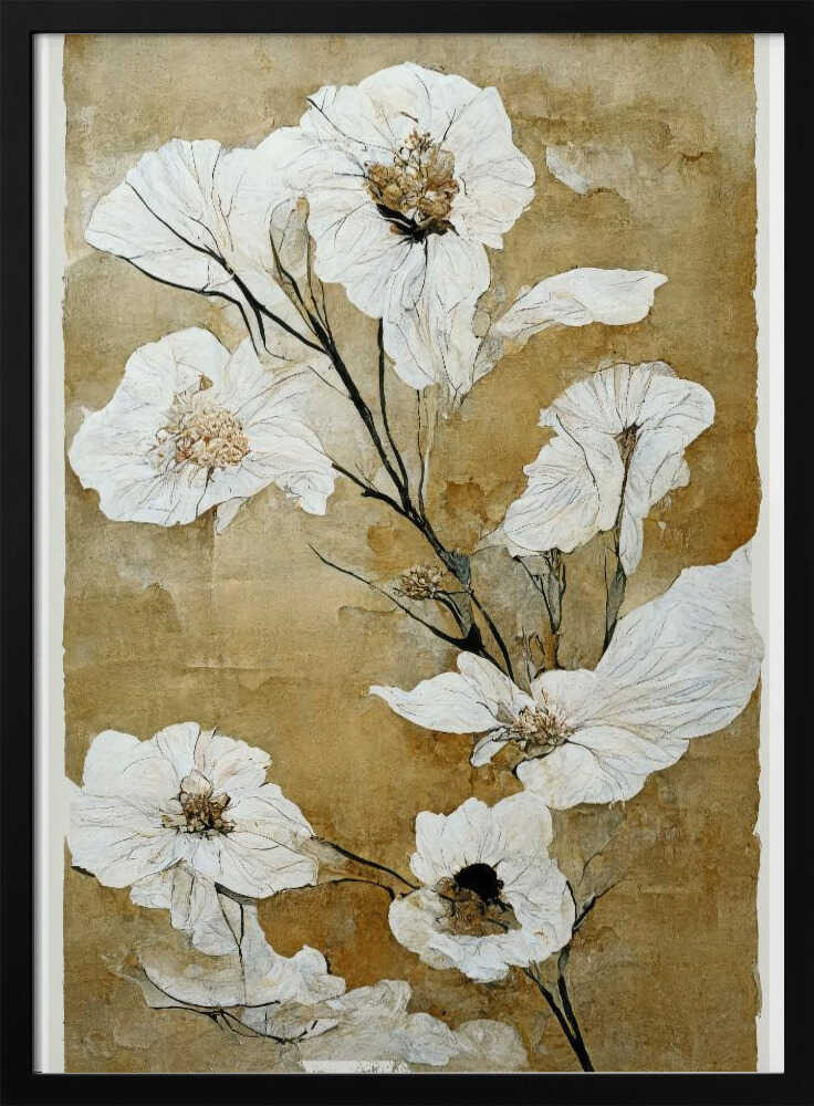 A vintage-style painting of delicate, papery white flowers with gold and brown centers on thin black stems. The background is a textured, mottled golden-brown, giving the artwork an aged, rustic feel. The piece is presented in a simple black frame. Print