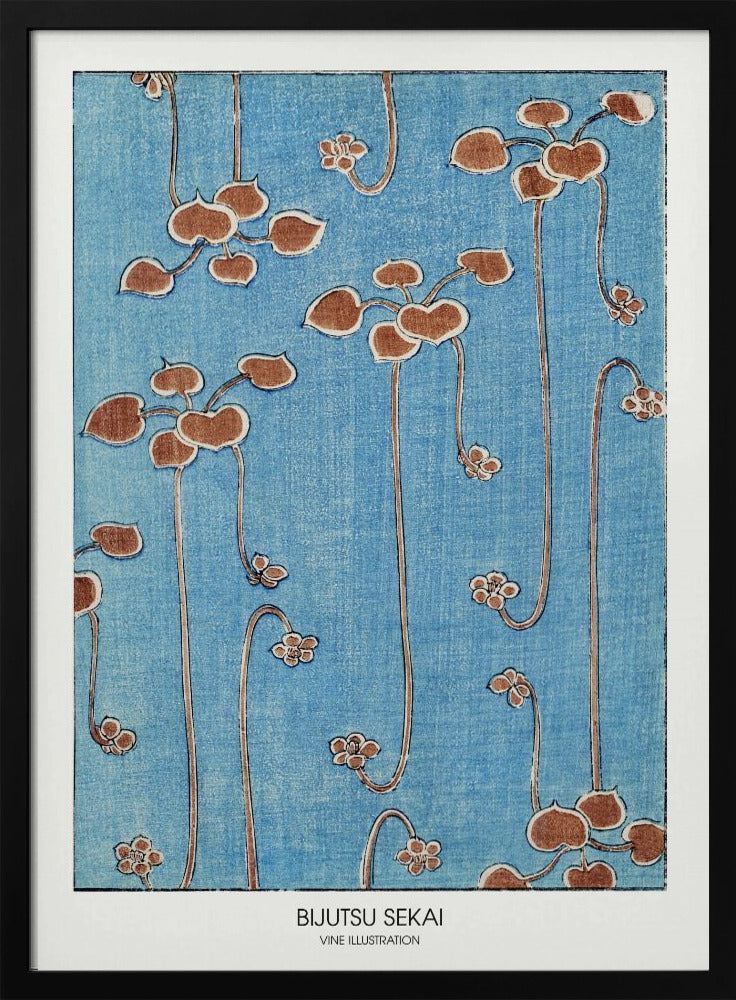 A vintage Japanese art print from Bijutsu Sekai featuring stylized brown vines with heart-shaped leaves and small blossoms hanging against a textured blue background. The print is displayed in a black frame with a white mat. Artwork