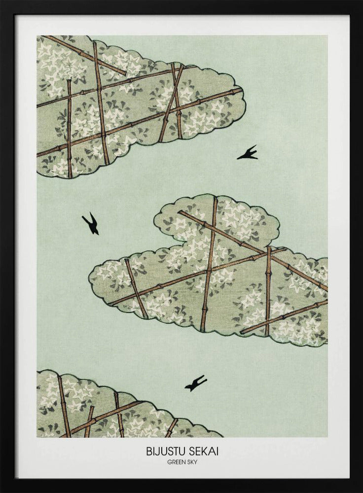 A Japanese woodblock style print titled 'Bijustu Sekai Green Sky'. It features three stylized green, cloud-like treetops filled with white blossoms against a pale mint green sky. The treetops are crisscrossed with brown bamboo trellises. Three black birds are seen flying in the open sky. Wall Art