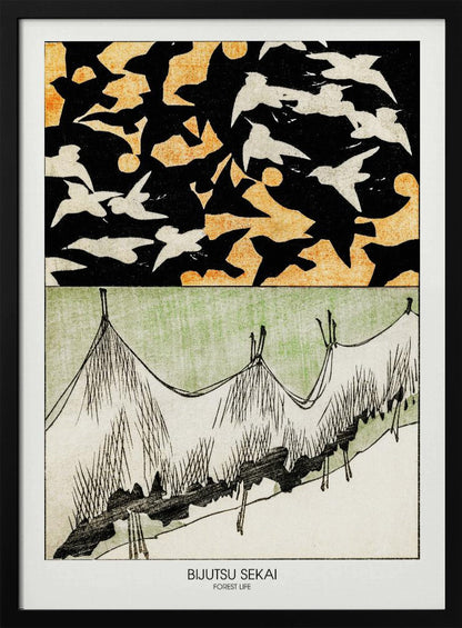 A Japanese woodblock style print titled 'Bijutsu Sekai, Forest Life'. The artwork is split into two panels: the top shows a black sky with an orange pattern, filled with silhouettes of black and white birds in flight. The bottom panel illustrates a stylized landscape of grassy hills in green, white, and black ink. Decor