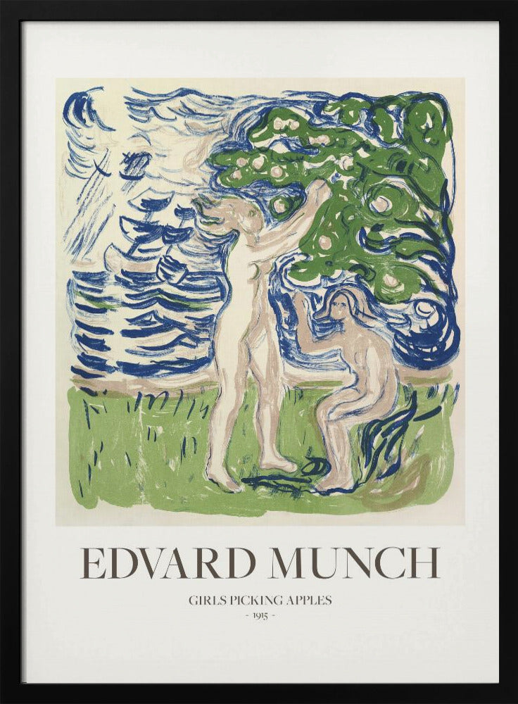 A framed poster of Edvard Munch's 1915 artwork, 'Girls Picking Apples'. The print features two nude women in a stylized landscape; one stands picking an apple from a tree, while the other sits. The art is rendered in expressive strokes of blue, green, and cream. Wall Art