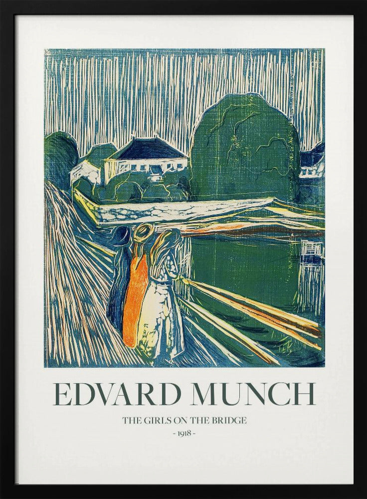 A framed poster of Edvard Munch's 1918 woodcut 'The Girls on the Bridge'. The expressionist artwork depicts three women on a bridge in a vibrant palette of green, blue, and orange, with a village scene in the background. Print