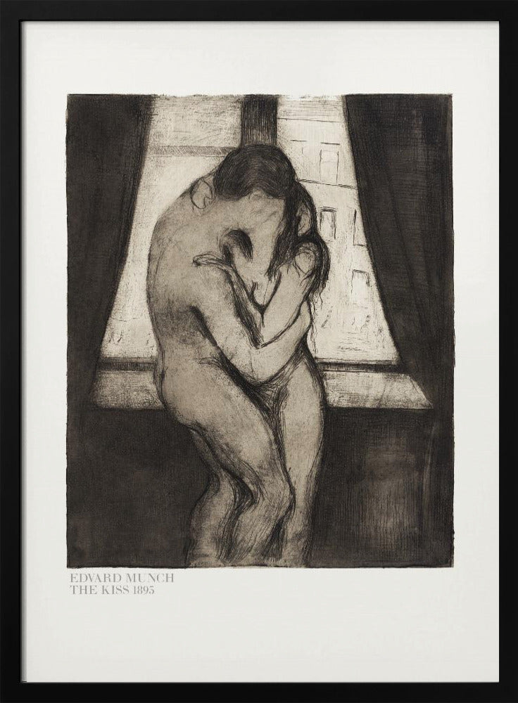A framed black and white print of Edvard Munch's 1895 artwork, 'The Kiss.' It depicts two nude figures in a passionate embrace, their faces merging into one, standing before a window with dark curtains. Decor