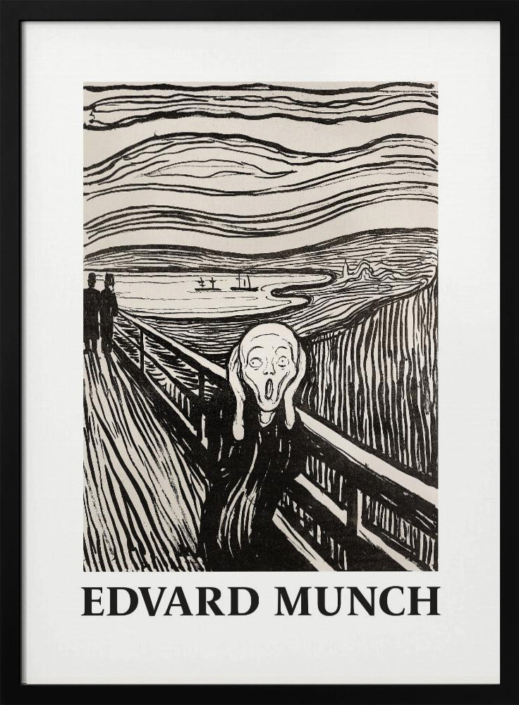 A black and white print of Edvard Munch's 'The Scream' in a black frame. The iconic artwork features a tormented figure on a bridge, screaming with hands to its head, under a swirling sky. The artist's name, 'EDVARD MUNCH', is printed below the image. Artwork