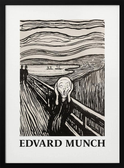 A black and white print of Edvard Munch's 'The Scream' in a black frame. The iconic artwork features a tormented figure on a bridge, screaming with hands to its head, under a swirling sky. The artist's name, 'EDVARD MUNCH', is printed below the image. Artwork