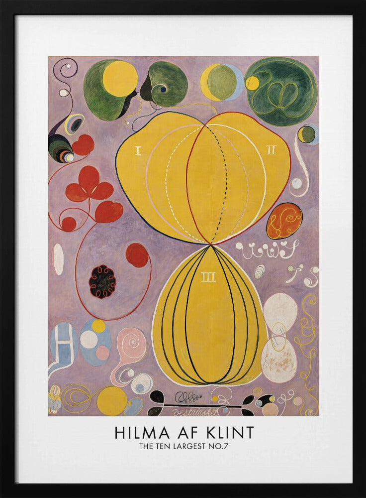 A framed art print of Hilma af Klint's abstract painting, 'The Ten Largest, No. 7.' The artwork features two large central yellow organic shapes on a lavender background, surrounded by smaller colorful forms including red clovers, green circles, and delicate spirals. Print