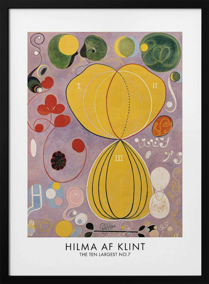 A framed art print of Hilma af Klint's abstract painting, 'The Ten Largest, No. 7.' The artwork features two large central yellow organic shapes on a lavender background, surrounded by smaller colorful forms including red clovers, green circles, and delicate spirals. Print
