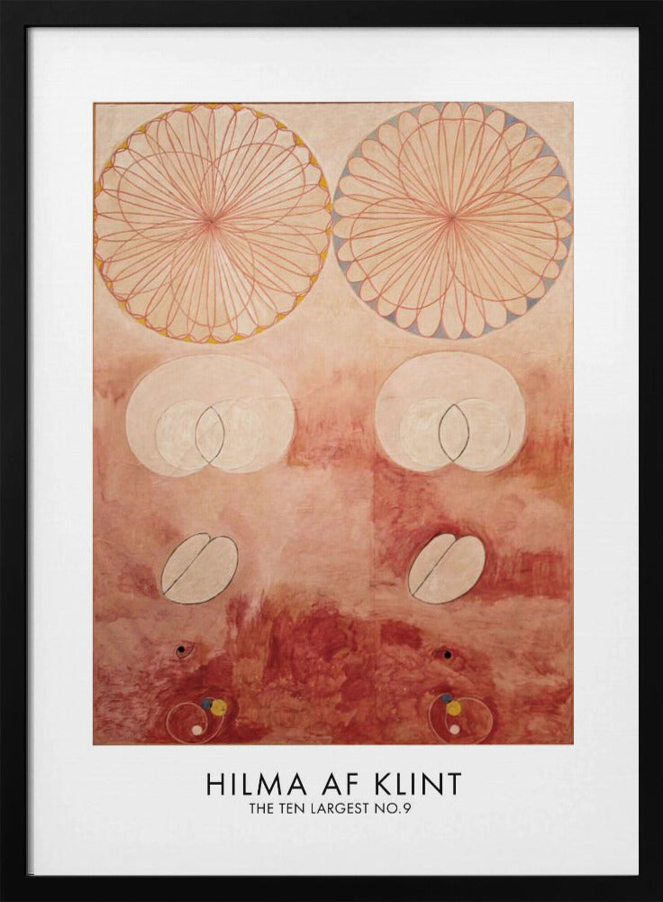 A framed art poster of Hilma af Klint's painting 'The Ten Largest No. 9'. The abstract artwork features geometric and biomorphic shapes on a textured pink and deep red background. Two large, complex circular patterns dominate the top half, while intersecting ovals and other symbolic forms are arranged below. The artist's name is printed at the bottom. Wall Art