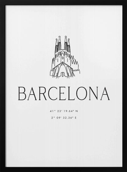 A minimalist black and white framed poster featuring a line art drawing of the Sagrada Familia. Below the drawing, the word 'BARCELONA' is printed in a large, thin sans-serif font, followed by the city's geographical coordinates. Artwork