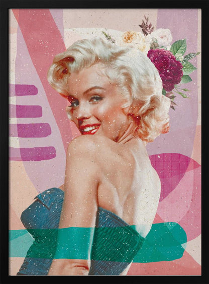 A framed, collage-style portrait of Marilyn Monroe smiling over her shoulder. Her classic blonde hair is adorned with pink, white, and burgundy flowers. She wears bright red lipstick and a blue strapless dress. The background is a textured composition of abstract shapes in shades of pink, purple, and beige, with modern teal and purple brushstrokes layered across the image. Decor