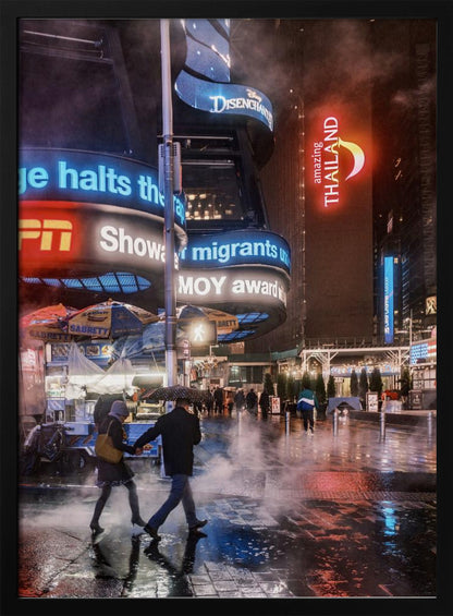 A couple walks hand-in-hand under an umbrella on a rainy night in a bustling city square. Steam rises from the wet pavement, which reflects the vibrant blue, red, and white lights from massive digital billboards on the surrounding buildings. Wall Art