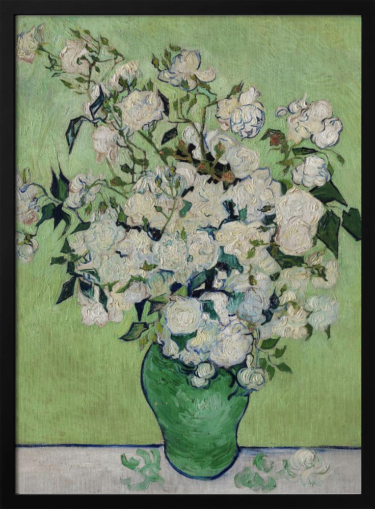 A framed Post-Impressionist painting by Vincent van Gogh of a large bouquet of white roses in a green vase, set against a light green background. The brushstrokes are thick and expressive, characteristic of the artist's style. Poster