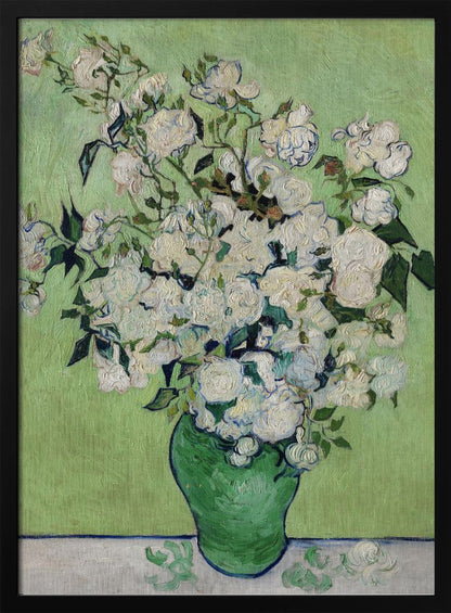 A framed Post-Impressionist painting by Vincent van Gogh of a large bouquet of white roses in a green vase, set against a light green background. The brushstrokes are thick and expressive, characteristic of the artist's style. Poster