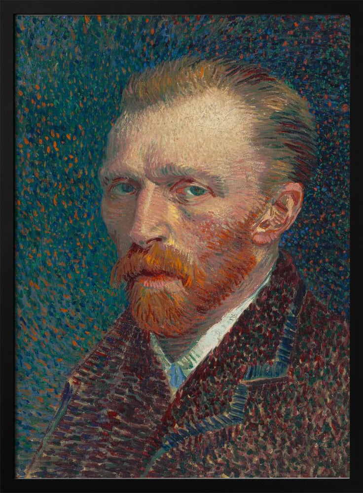 A framed Post-Impressionist self-portrait by Vincent van Gogh. He has a red beard and intense green eyes, looking directly at the viewer against a swirling, stippled background of blue and orange. Print