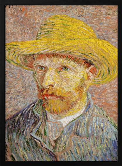 A Post-Impressionist self-portrait by Vincent van Gogh wearing a bright yellow straw hat. The painting features thick, expressive brushstrokes, with the artist's intense gaze directed at the viewer. He has a reddish-blond beard and is wearing a blue jacket against a textured, warm-toned background. Wall Art