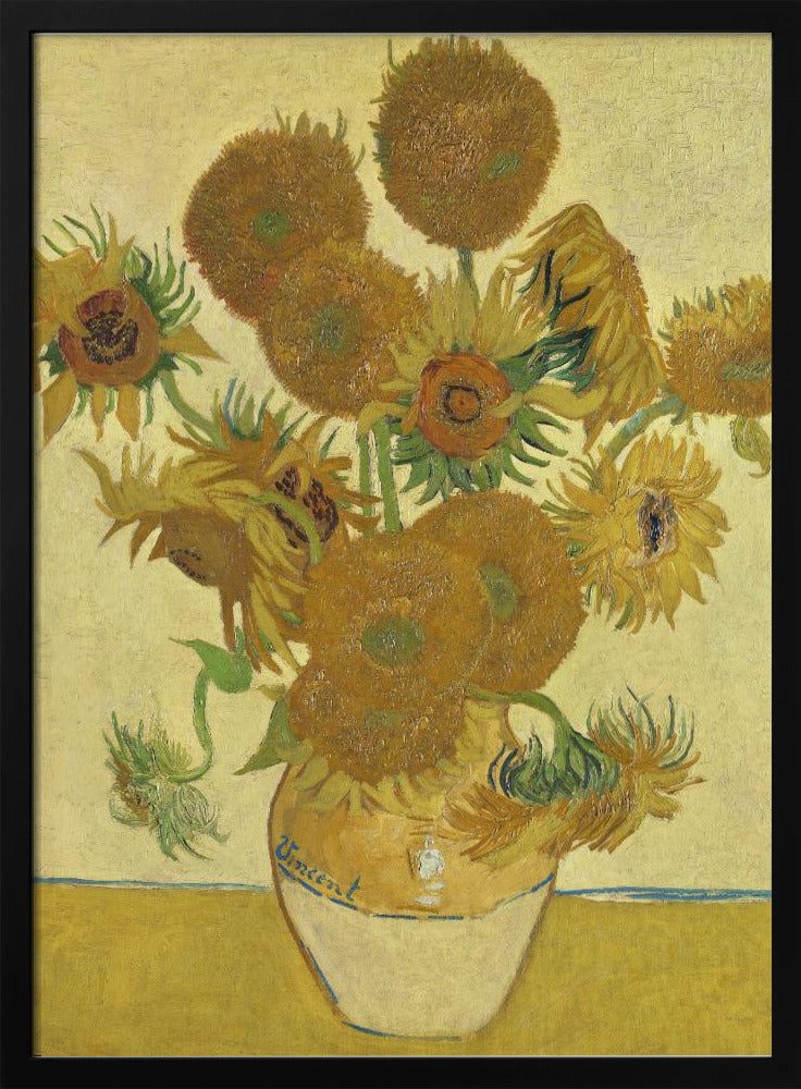 A framed reproduction of Vincent van Gogh's famous 'Sunflowers' painting. It depicts a rustic earthenware vase filled with a bouquet of sunflowers in various stages of life, from full bloom to wilting. The painting is characterized by its vibrant yellow and brown tones and thick, expressive brushstrokes, signature to the post-impressionist style. The artist's name, 'Vincent', is signed on the vase. Decor