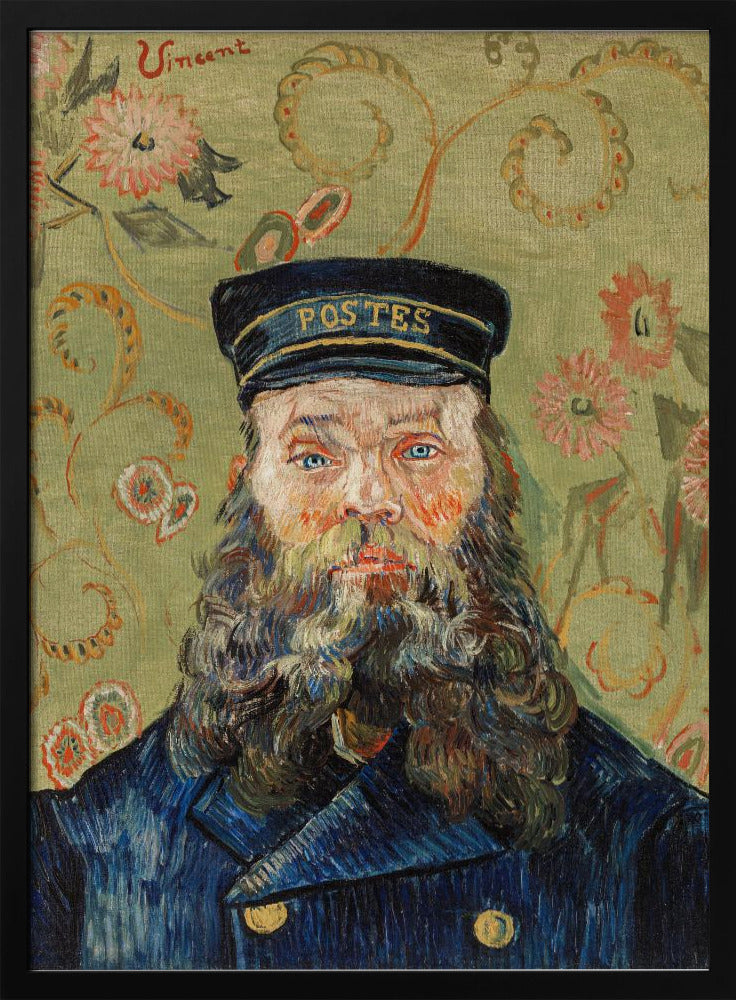 A post-impressionist portrait painting by Vincent van Gogh of the postman Joseph Roulin. He has a full beard, blue eyes, and wears a blue uniform and cap against a patterned green and yellow floral background. The artist's signature 'Vincent' is in the top left corner. Wall Art