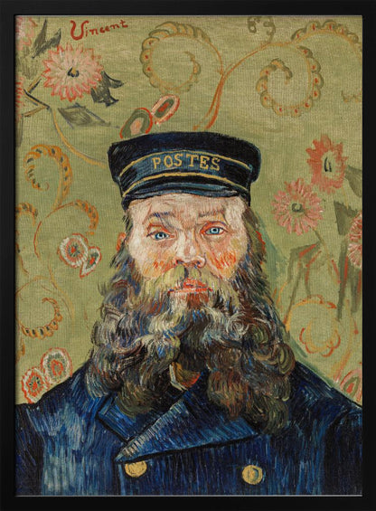 A post-impressionist portrait painting by Vincent van Gogh of the postman Joseph Roulin. He has a full beard, blue eyes, and wears a blue uniform and cap against a patterned green and yellow floral background. The artist's signature 'Vincent' is in the top left corner. Wall Art