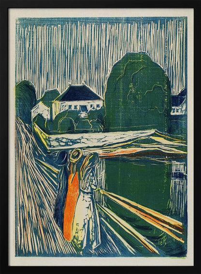 A vintage woodcut print by Edvard Munch titled 'The Girls on the Bridge,' depicting three women standing on a pier in an expressionist style. The artwork uses a palette of deep blues, greens, and cream, with a bold orange dress on one figure, set against a backdrop of houses and a sky with dramatic vertical lines. Wall Art