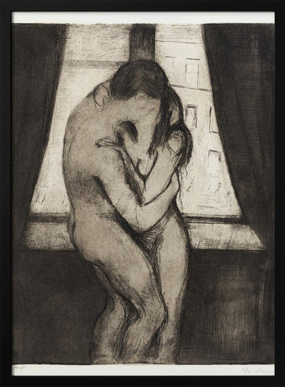 A black and white etching by Edvard Munch titled 'The Kiss,' depicting two nude figures in a passionate embrace, their faces melding into one. They stand before a window with a view of a city, framed by dark curtains, in a highly emotional, expressionistic style. Poster