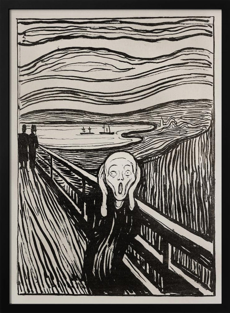 A black and white print of Edvard Munch's famous painting 'The Scream,' featuring a tormented figure on a bridge holding its head with a look of horror. The background consists of swirling lines representing the sky and a fjord, all rendered in a stark, expressionist style and enclosed in a simple black frame. Wall Art