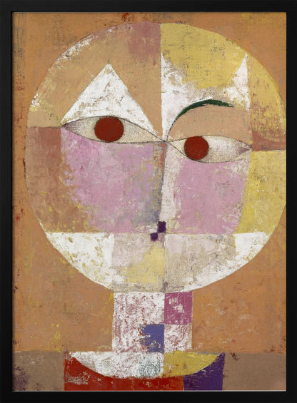 An abstract portrait painting of a stylized head, often identified as Paul Klee's 'Senecio'. The face is composed of geometric blocks of color, including pink, yellow, and white, with two prominent red circles for eyes, all set against a textured, earthy orange and brown background within a black frame. Print