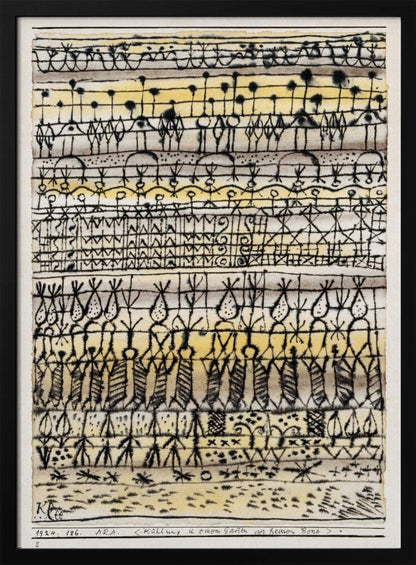 Abstract artwork by Paul Klee featuring a series of horizontal bands filled with intricate, black, hieroglyphic-like drawings and symbols. The background is a light paper with washes of yellow and grey watercolor. The piece is framed in black and has text at the bottom including the artist's signature. Poster